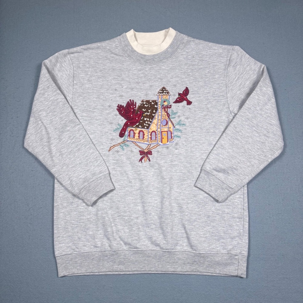 Bobbie Brooks Sweatshirt Womens Medium Gray Vintage Cardinal Birdhouse Christmas